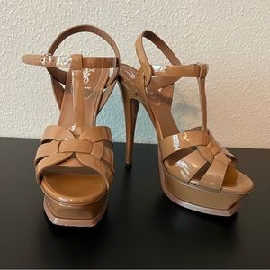 YSL Saint Laurent Brown Patent Leather Tribute Platform Pumps Heels, US 7